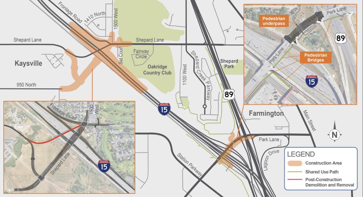 The image outlines the plans to add an interchange at I-15 and Shephard Lane in Farmington and plans for upgrades around Park Lane in the city.