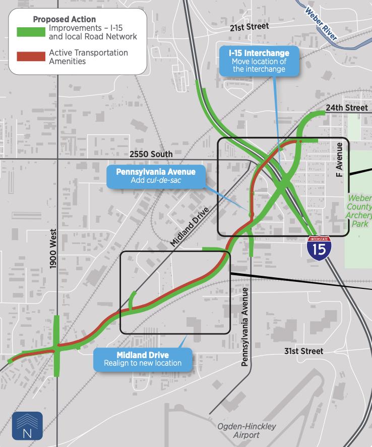 The image outlines the Utah Department of Transportation proposal to expand the I-15/24th Street interchange in Ogden.