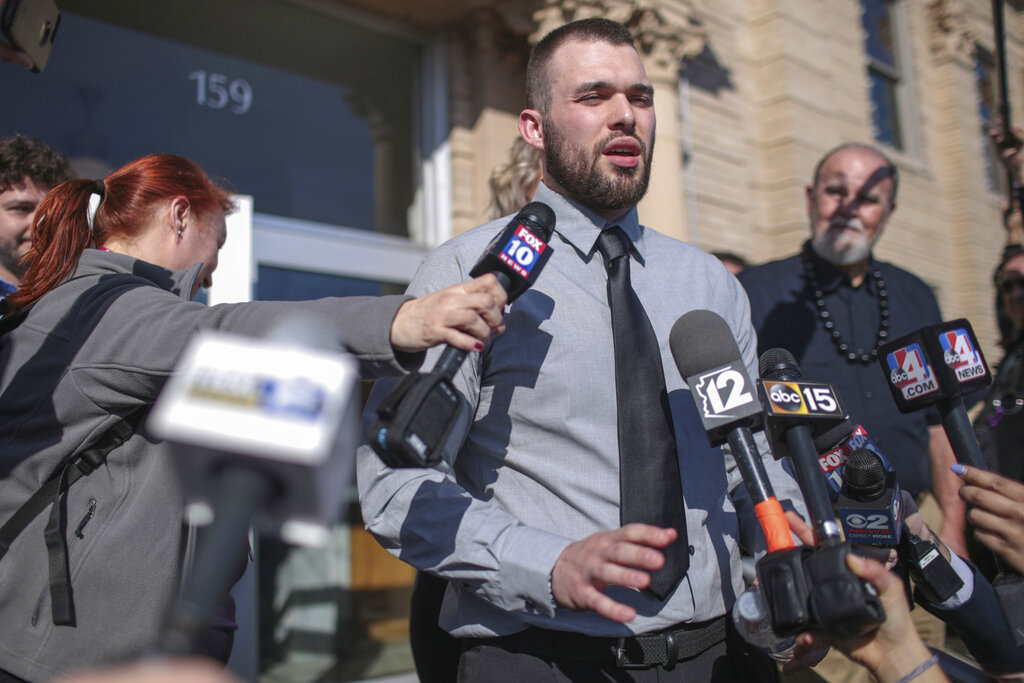 Lori Vallow Daybell's son Colby Ryan addresses the media during the hearing for Daybell on March 6, 2020, in Rexburg, Idaho. Ryan testified on Monday in the trial for Chad Daybell, who is charged with the murders of Ryan's sister and step-brother.