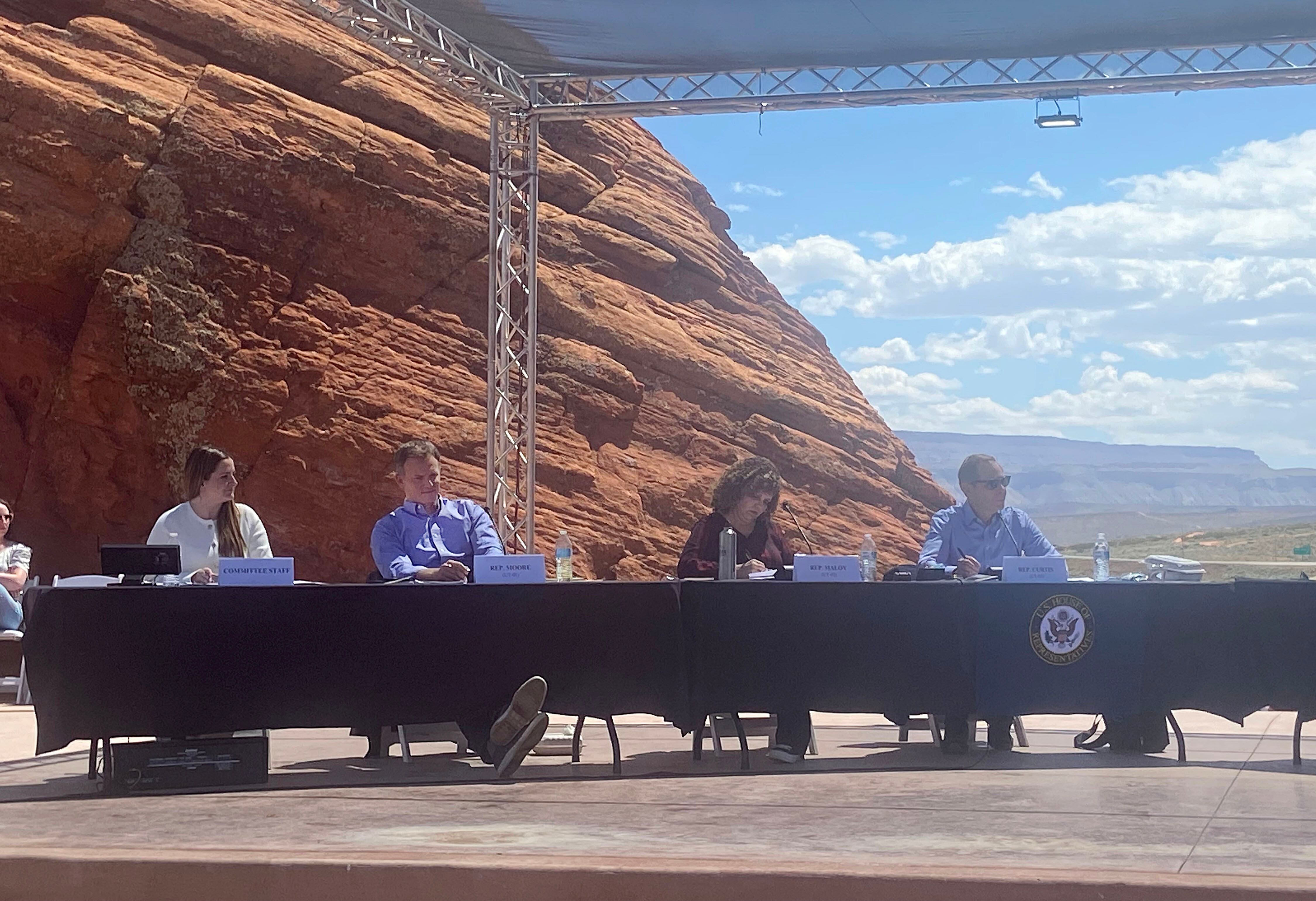 Reps. Blake Moore, Celeste Maloy and John Curtis, all R-Utah, attend a field hearing for the Federal Lands Subcommittee of the House Committee on Natural Resources in Hurricane, on Monday. Local officials who testified included Adam Snow, Washington County commissioner, Eric Clarke, Washington County attorney, Carlos Braceras, executive director of Utah Department of Transportation, Zachary Renstrom, general manager of the Washington County Water Conservancy District, and Darcy Stewart, CEO of Fieldhouse Development.