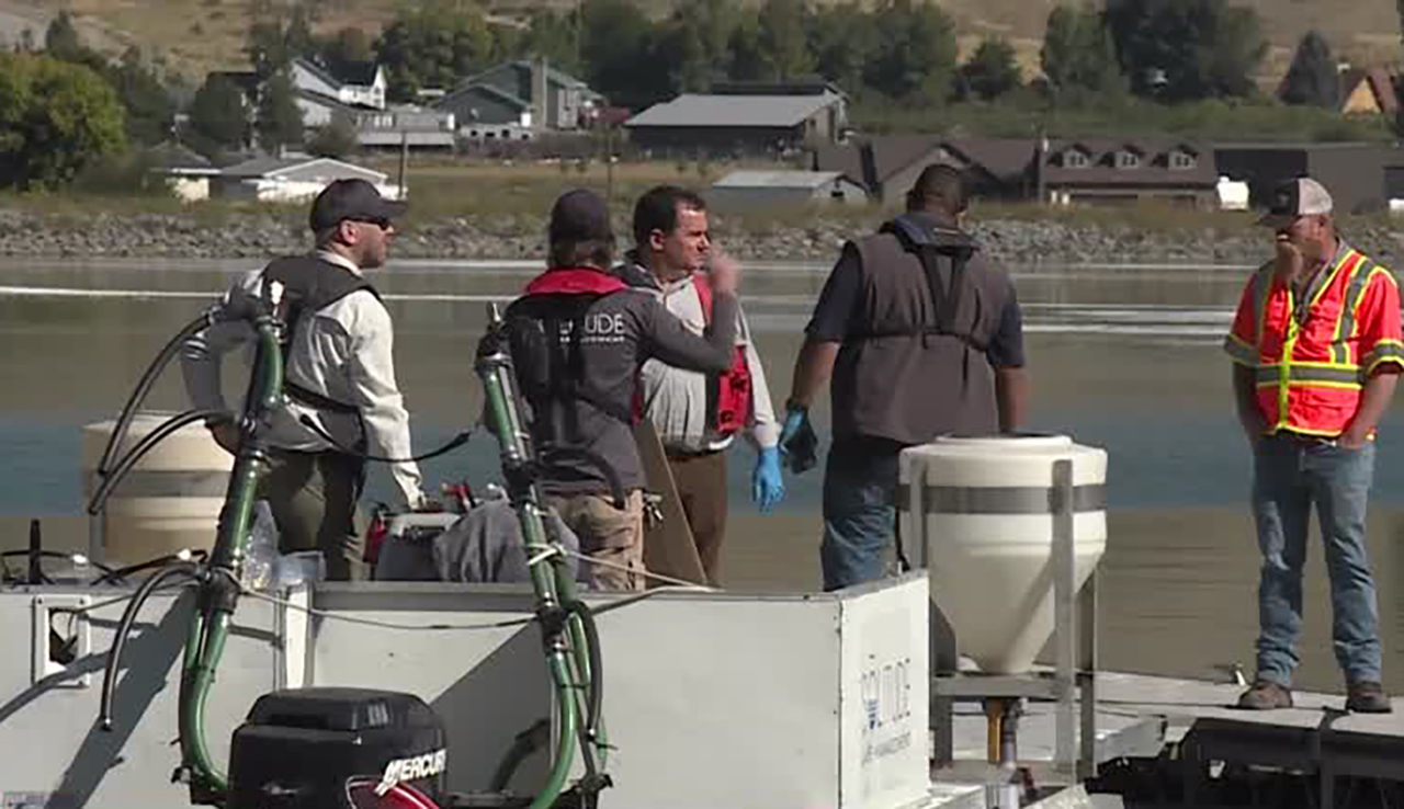 BlueGreen Water Technologies crews use a  new tool to fight algae blooms at Mantua Reservoir in September 2023. Monday they said they're seeing breakthrough results.