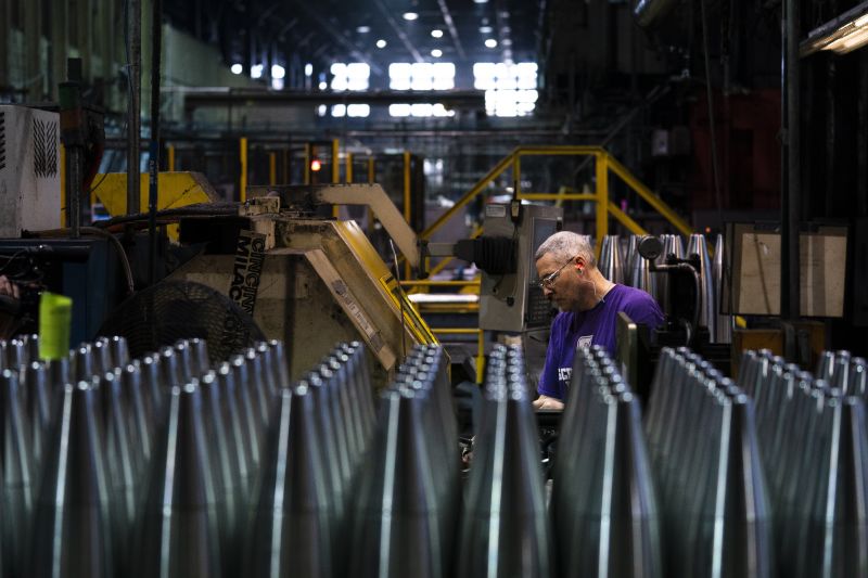 A steel worker manufactures 155 mm M795 artillery projectiles at the Scranton Army Ammunition Plant in Scranton, Pa., April 13. The Pentagon could get weapons moving to Ukraine within days if Congress passes a long-delayed aid bill.