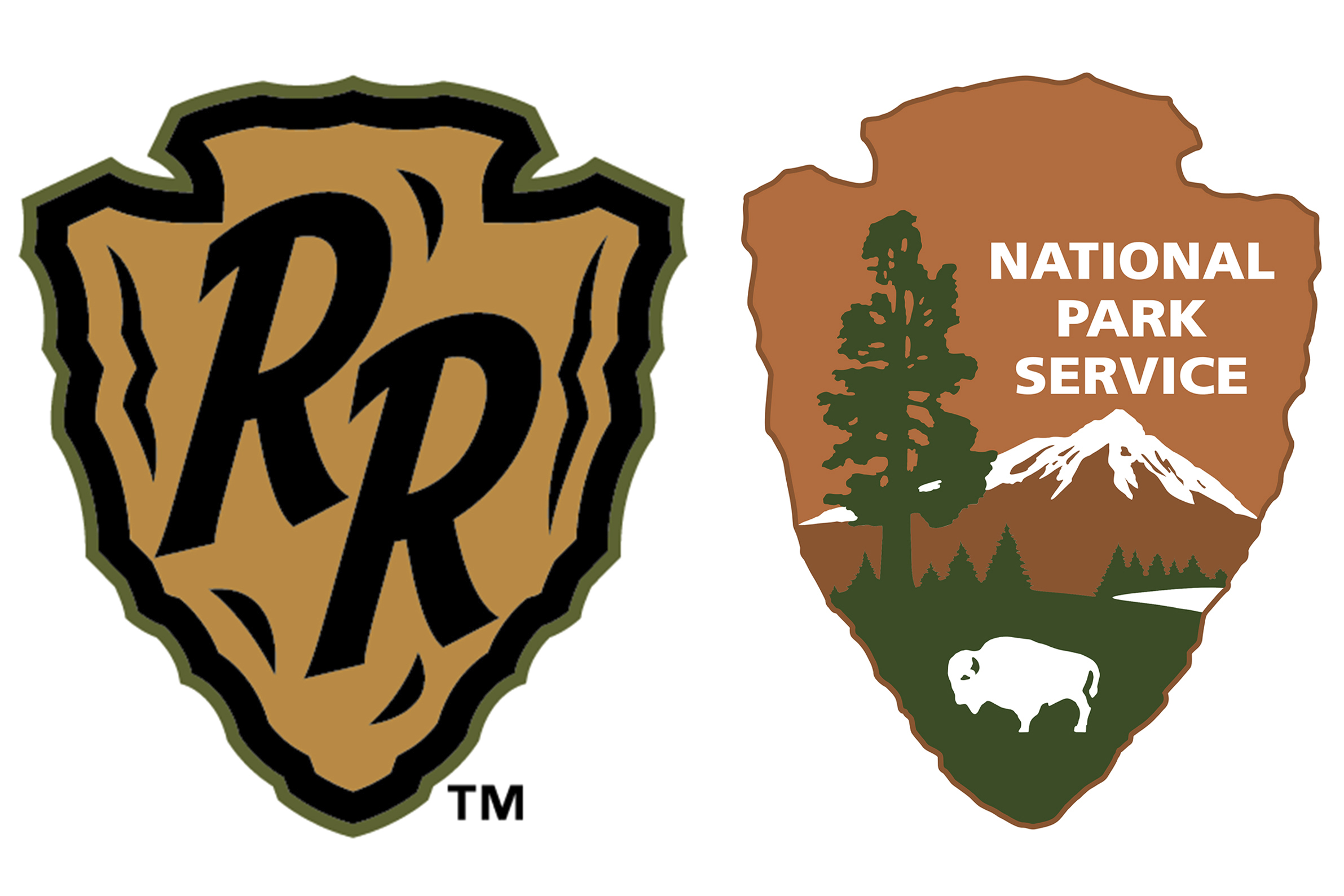 This combo of graphics provided the Glacier Range Riders and the National Parks Service show's the Range Riders arrowhead logo, left, and the NPS's arrowhead logo. The minor league baseball team in Montana is calling out the Department of Interior for “unwarranted and relentless” trademark claims in a battle over the use of an arrowhead logo.