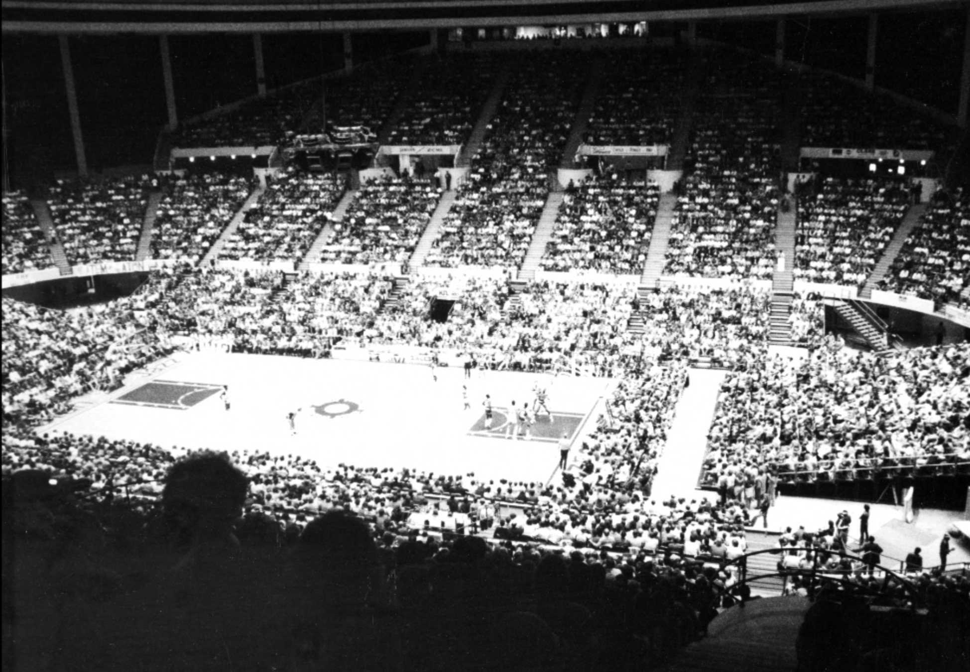 The interior of the Salt Palace during a Utah Jazz game in the 1980s.