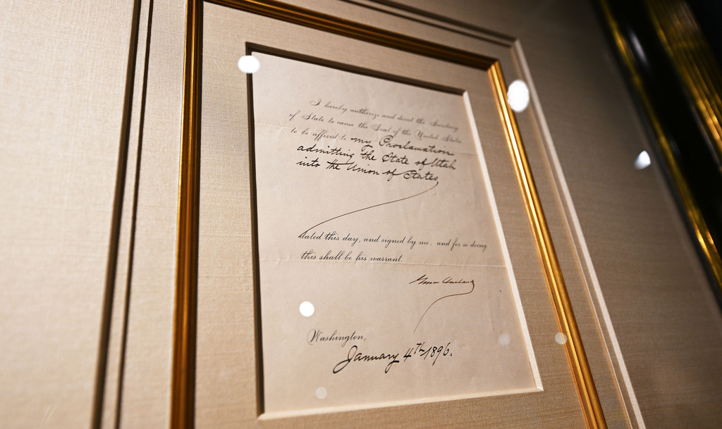 The document that made Utah a state is shown at Anthony’s Fine Art & Antiques in Salt Lake City on Monday.
