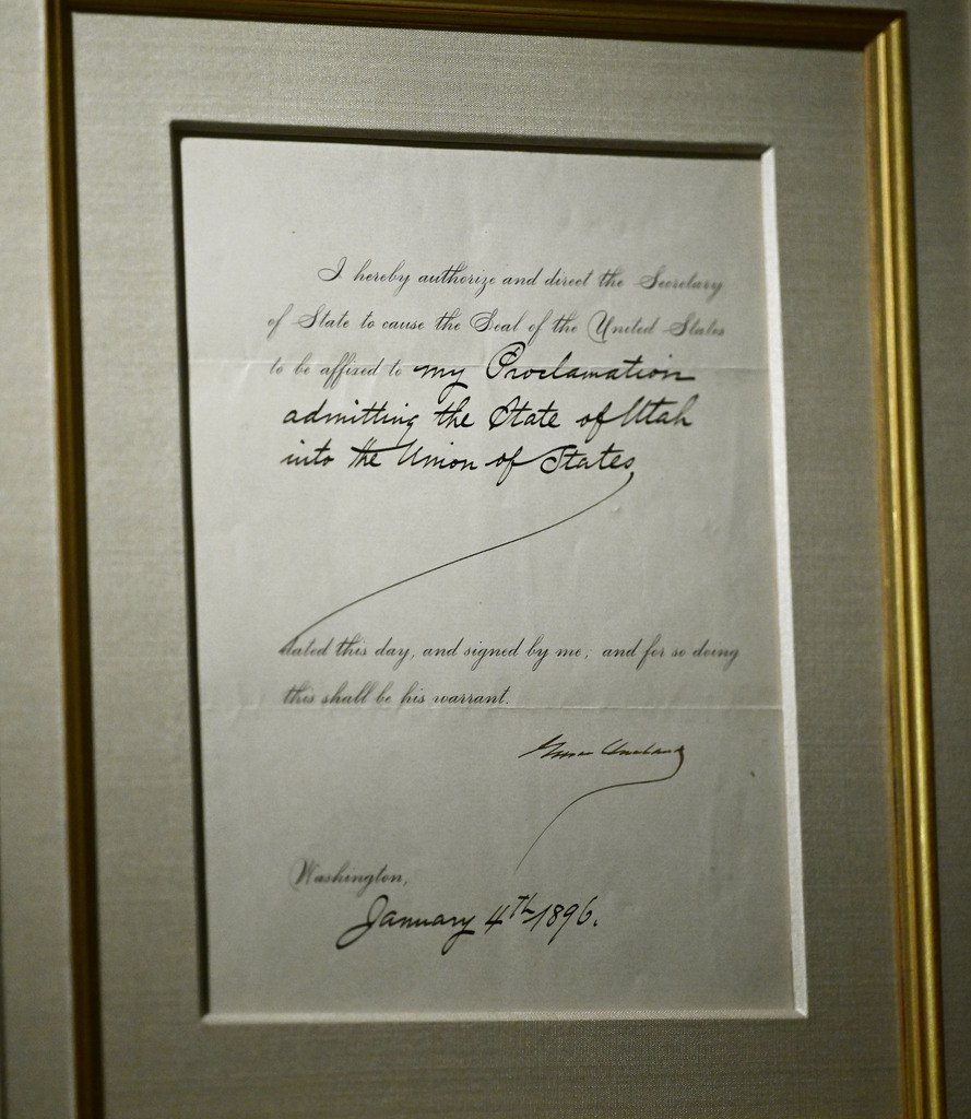 The document that made Utah a state is shown at Anthony’s Fine Art & Antiques in Salt Lake City on Monday.