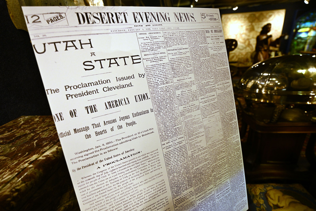 A copy of the front page of the Deseret Evening News showing the proclamation by President Cleveland announcing Utah as a state is on display at Anthony’s Fine Art & Antiques in Salt Lake City on Monday.