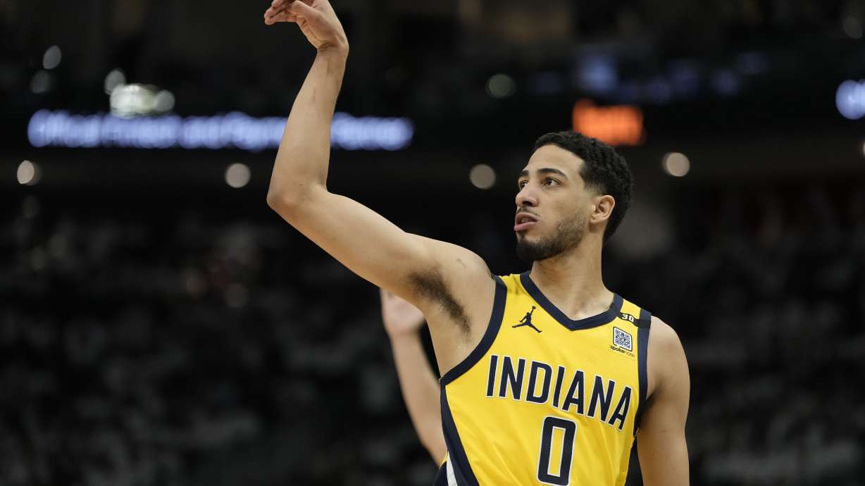 Indiana Pacers' Tyrese Haliburton reacts to his three pointer during the second half of Game 2 of the first round NBA playoff basketball series against the Milwaukee Bucks Tuesday, April 23, 2024, in Milwaukee.The Pacers won 125-108 to tie the series 1-1.