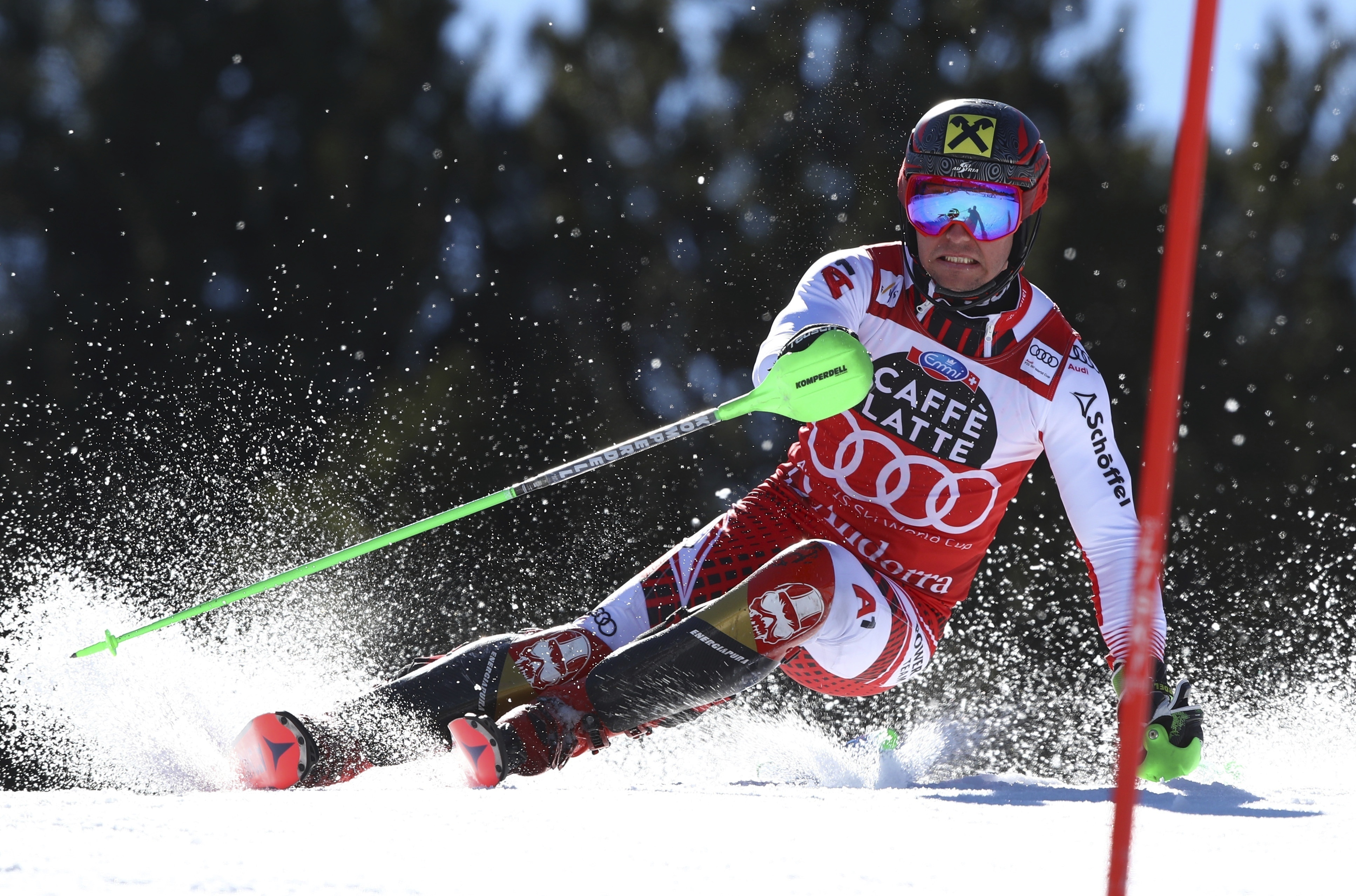 FILE - Austria's Marcel Hirscher competes during the first run of a men's alpine ski slalom, in Soldeu, Andorra, Sunday, March 17, 2019. Eight-time overall World Cup champion Hirscher is planning to return to ski racing next season after five years in retirement. And he’s going to compete for the Netherlands — his mother’s country — instead of his native Austria. The Austrian winter sports federation announced Wednesday, April 24, 2024, that it had released the 35-year-old Hirscher and endorsed his nation change.
