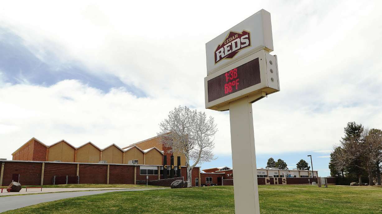 Cedar High School in Cedar City on April 7, 2021. The Iron County School Board on Tuesday voted 4-3 to retain "the Reds" as the official moniker and a wolf as the mascot of Cedar High School.