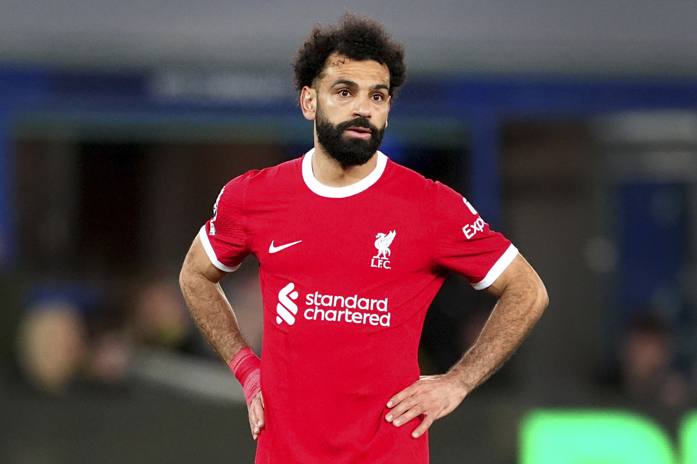 Liverpool's Mohamed Salah standing on the pitch during the English Premier League soccer match between Everton and Liverpool at the Goodison Park stadium in Liverpool, Britain, Wednesday, April 24, 2024.