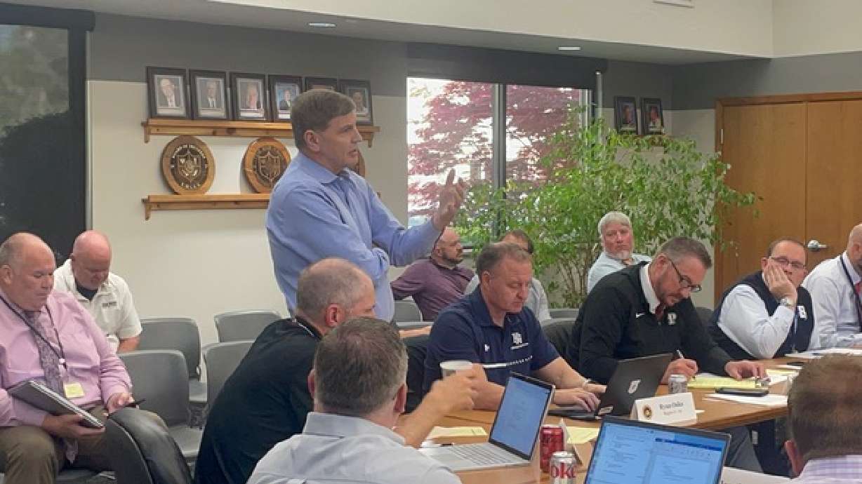 Juan Diego Catholic High Principal Galey Colosimo speaks to the Utah High School Activities Association executive committee Wednesday in Midvale. A proposal was approved that would limit athletic opportunities for international students.