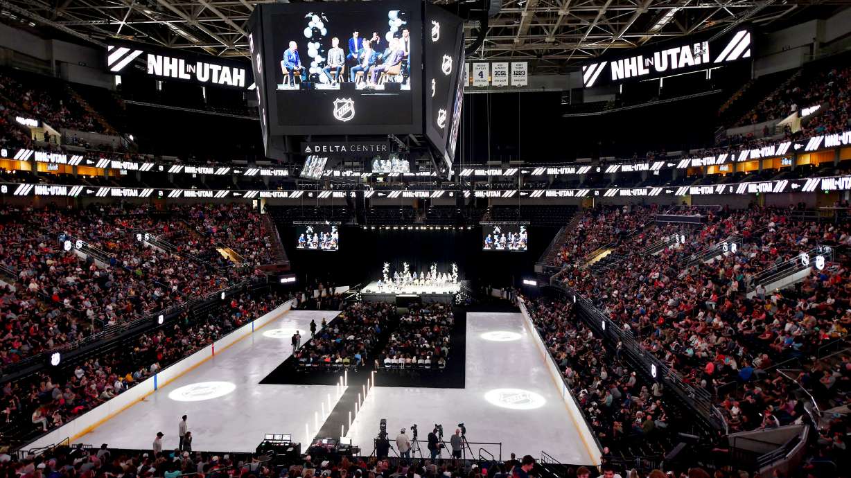 Thousands attend the NHL event at the Delta Center in Salt Lake City, as Utah’s NHL hockey team is introduced to fans on Wednesday, April 24, 2024.