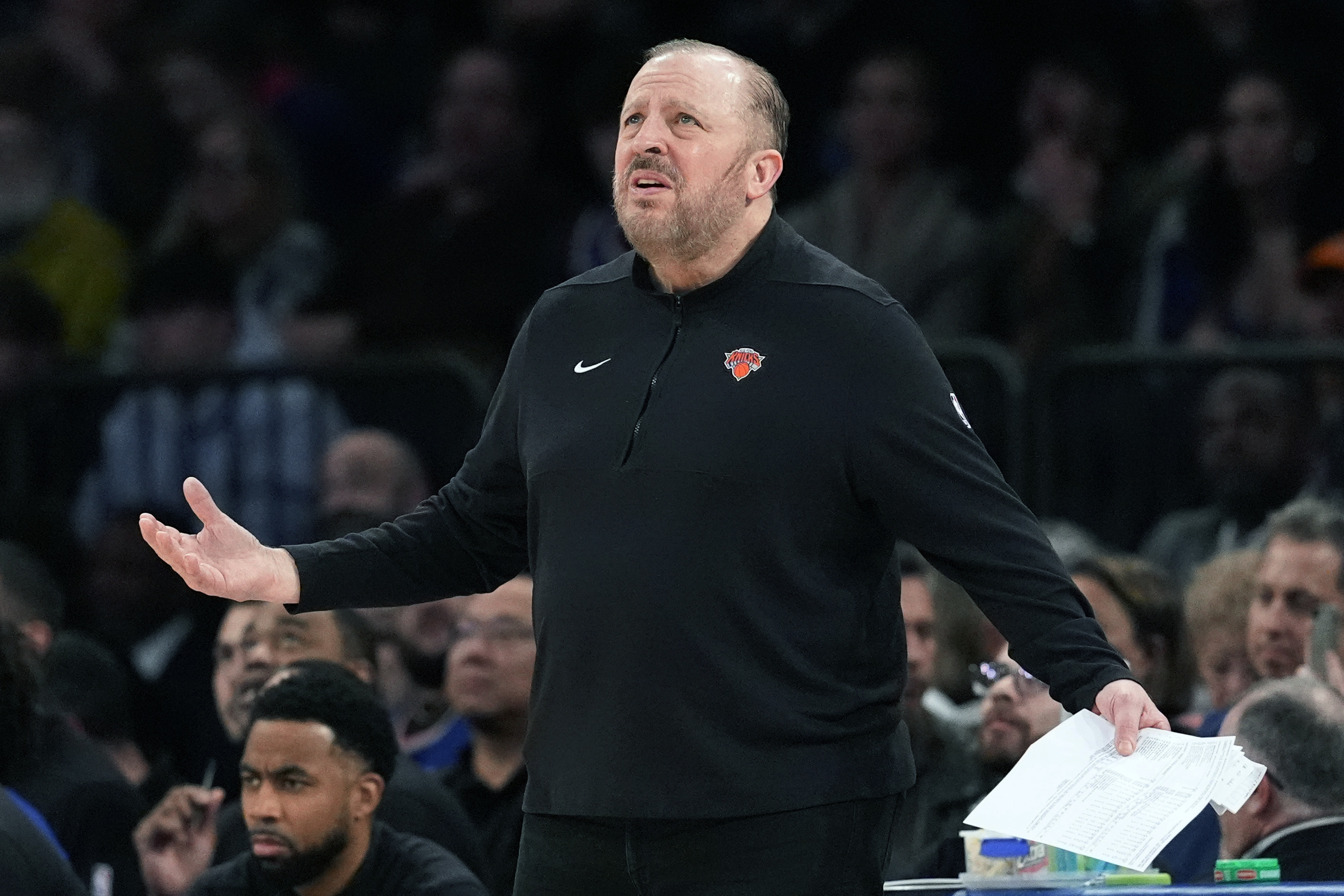 New York Knicks head coach Tom Thibodeau reacts during the second half of an NBA basketball game against the Brooklyn Nets, Friday, April 12, 2024, at Madison Square Garden in New York. The Knicks won 111-107.