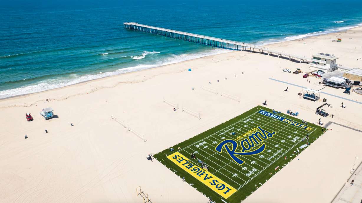 The 60-yard turf football field built by the Los Angeles Rams on Hermosa Beach for the 2024 NFL Draft.