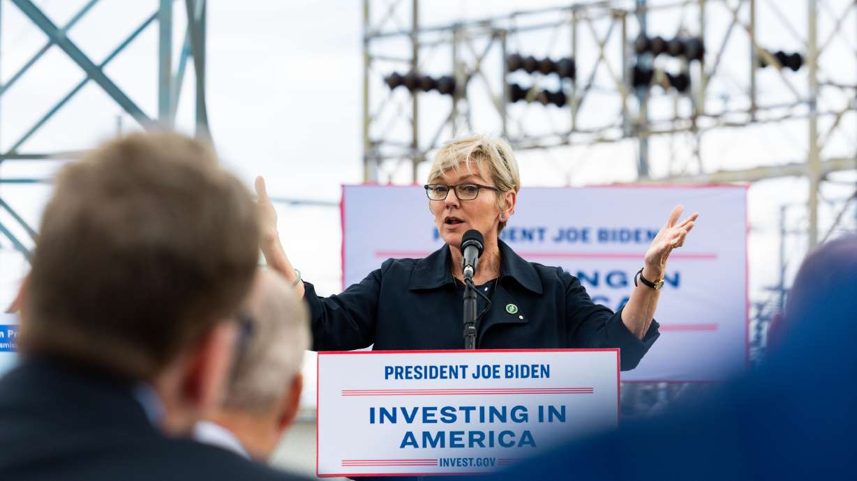Department of Energy Secretary Jennifer Granholm speaks at an electric substation in Salt Lake City on Thursday. Granholm highlighted the Biden administration's latest efforts to strengthen and expand the nation's electric grid.