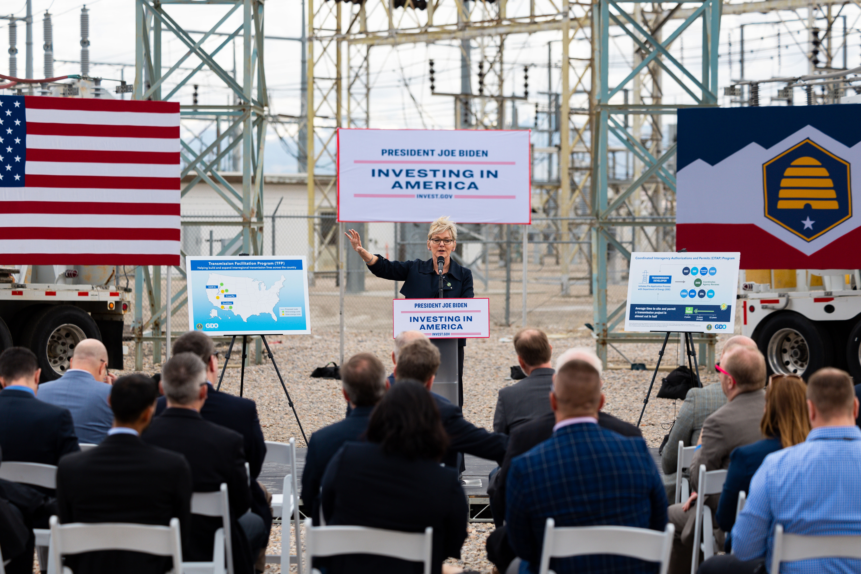 U.S. Department of Energy Secretary Jennifer Granholm speaks at an electric substation in Salt Lake City on Thursday. Granholm highlighted the Biden administration's latest efforts to strengthen and expand the nation's electric grid.