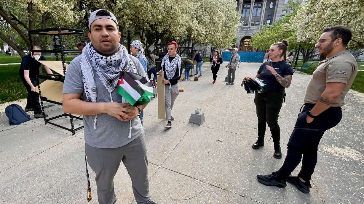 Aziz Abuzayed, at the Salt Lake City-County Building on Thursday, is helping organize installation of a memorial to Palestinians killed in the ongoing Israel-Hamas war in Gaza.