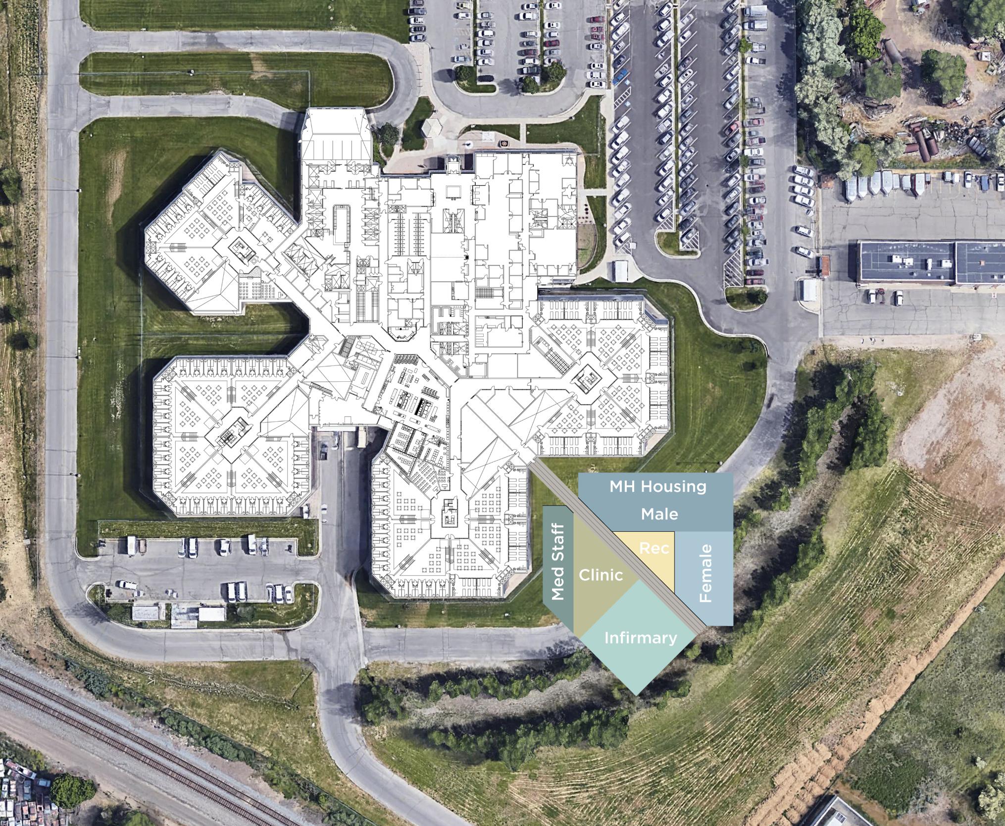 The image shows the footprint of the existing Weber County Sheriff's Office and jail, in white, and the proposed expansion area, in color, in the bottom right-hand corner. The new pod would house medical and mental health facilities for inmates.