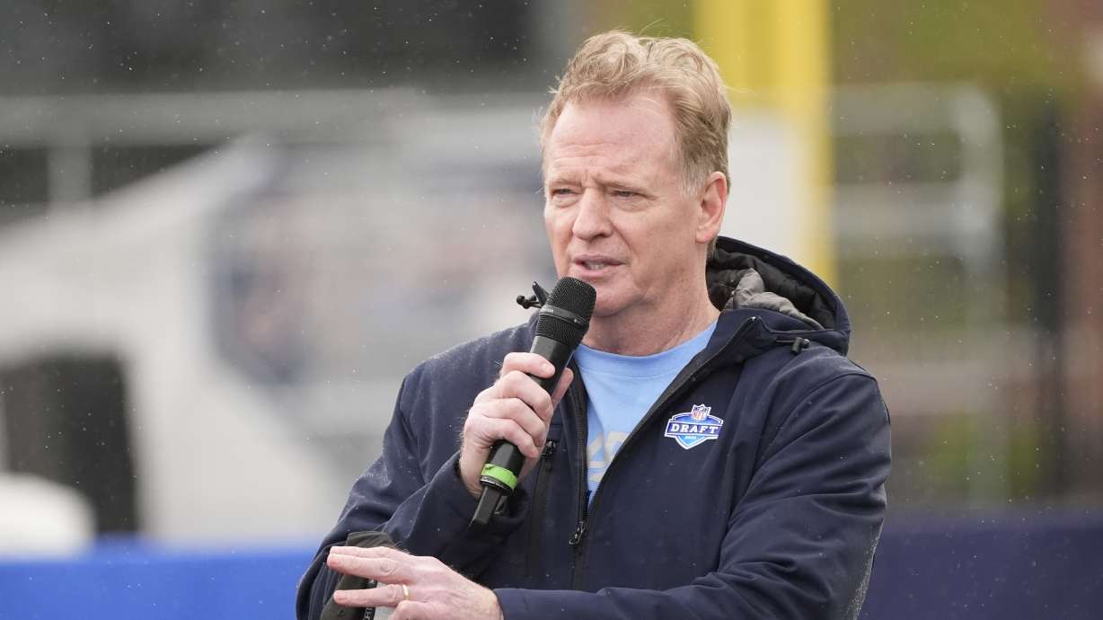 NFL football commissioner Roger Goodell addresses the crowd before the start of a Play Football Prospect Clinic with Special Olympics athletes, Wednesday, April 24, 2024 in Detroit.
