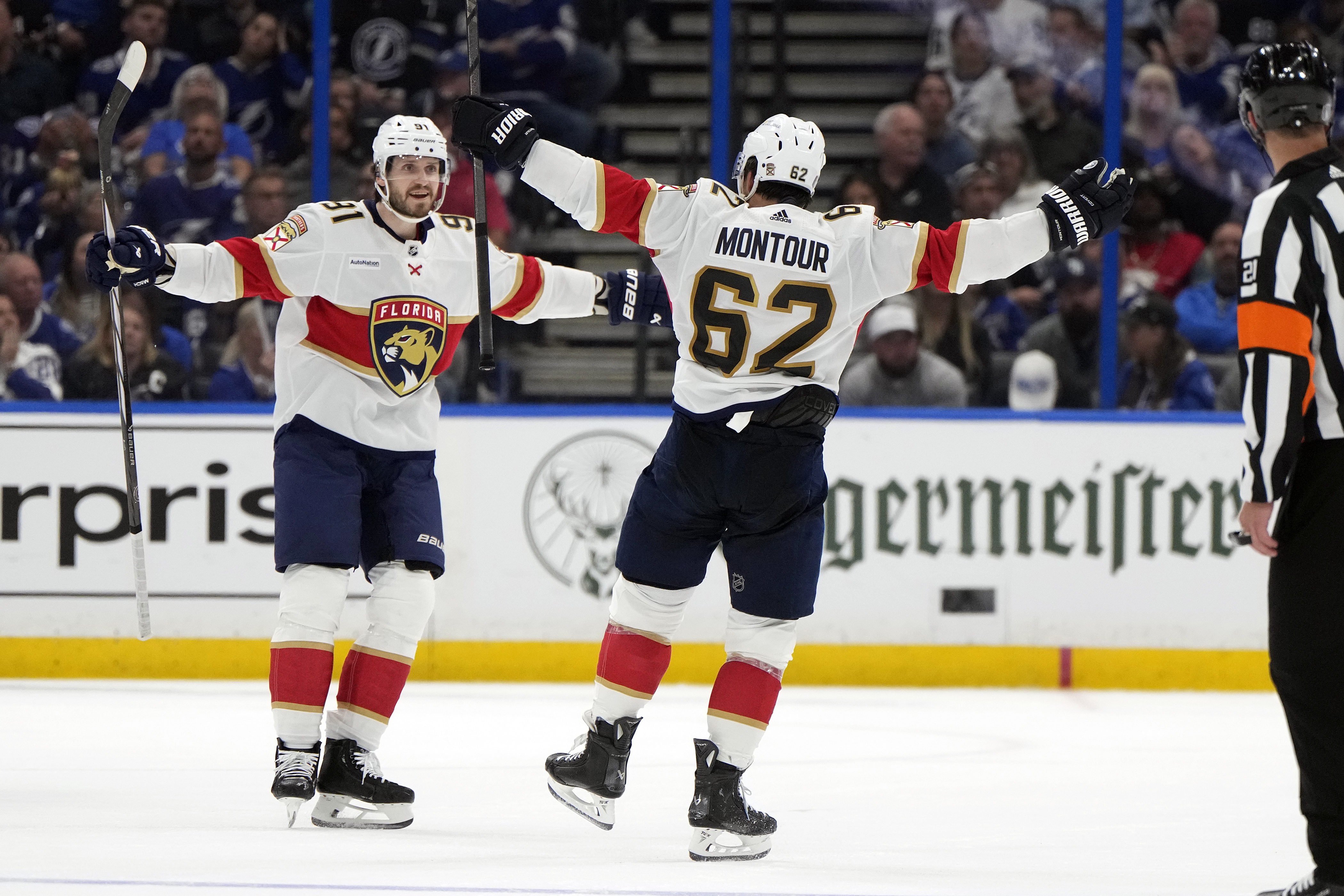Florida Panthers defenseman Brandon Montour (62) celebrates his goal against the Tampa Bay Lightning with defenseman Oliver Ekman-Larsson (91) during the second period in Game 3 of an NHL hockey Stanley Cup first-round playoff series, Thursday, April 25, 2024, in Tampa, Fla.