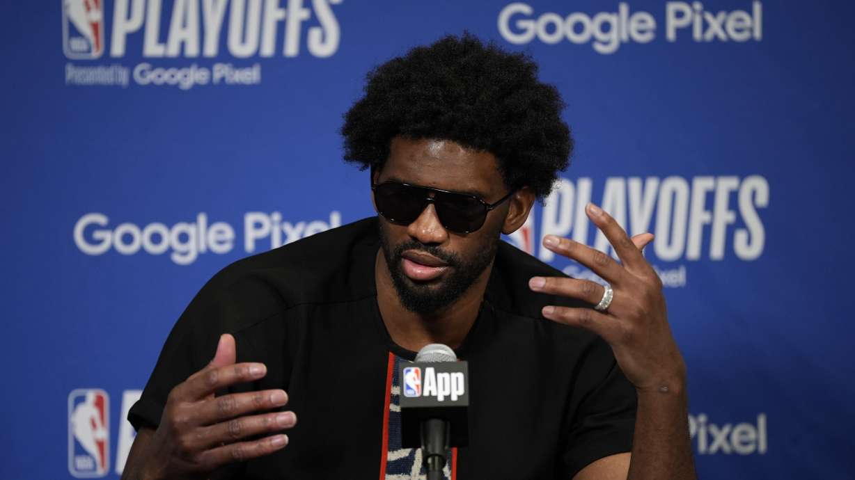Philadelphia 76ers' Joel Embiid speaks during a news conference after Game 3 in an NBA basketball first-round playoff series against the New York Knicks, Thursday, April 25, 2024, in Philadelphia.