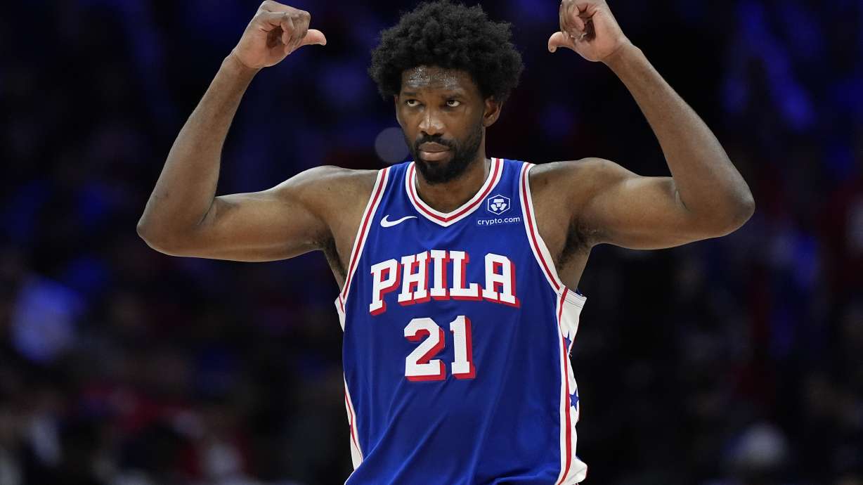 Philadelphia 76ers' Joel Embiid reacts during the second half of Game 3 in an NBA basketball first-round playoff series against the New York Knicks, Thursday, April 25, 2024, in Philadelphia.