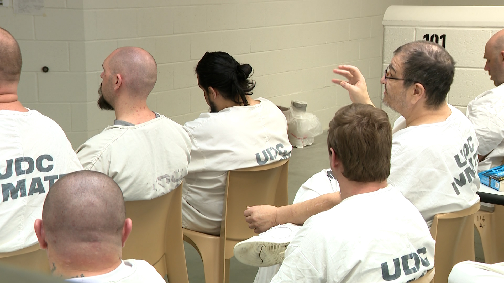 Inmates gather for a SOLID program meeting at the Utah State Correctional Facility in Salt Lake City on Thursday.