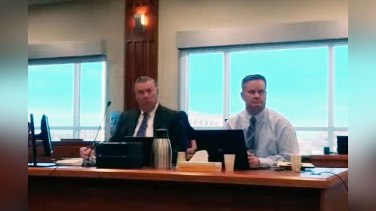 Chad Daybell, right, sits next to his attorney, John Prior, during his murder trial in Boise on Friday.