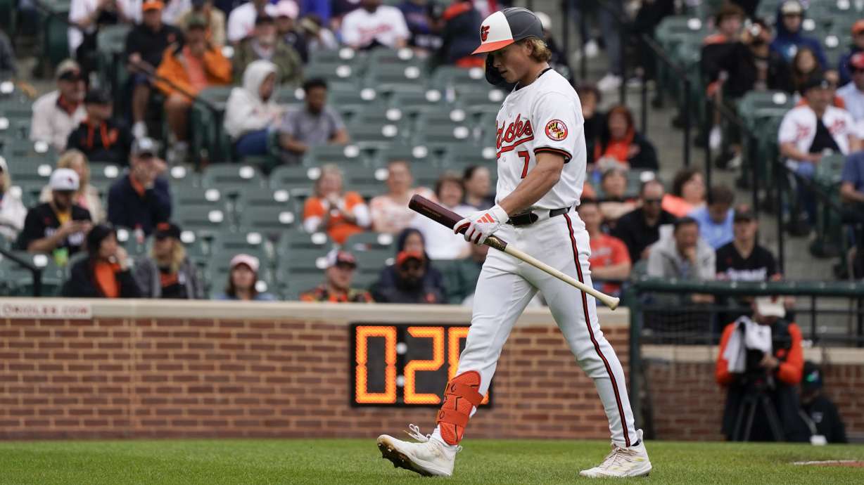 Baltimore Orioles' Jackson Holliday walks to the dugout after striking out against the Minnesota Twins during the sixth inning of a baseball game, Wednesday, April 17, 2024, in Baltimore.