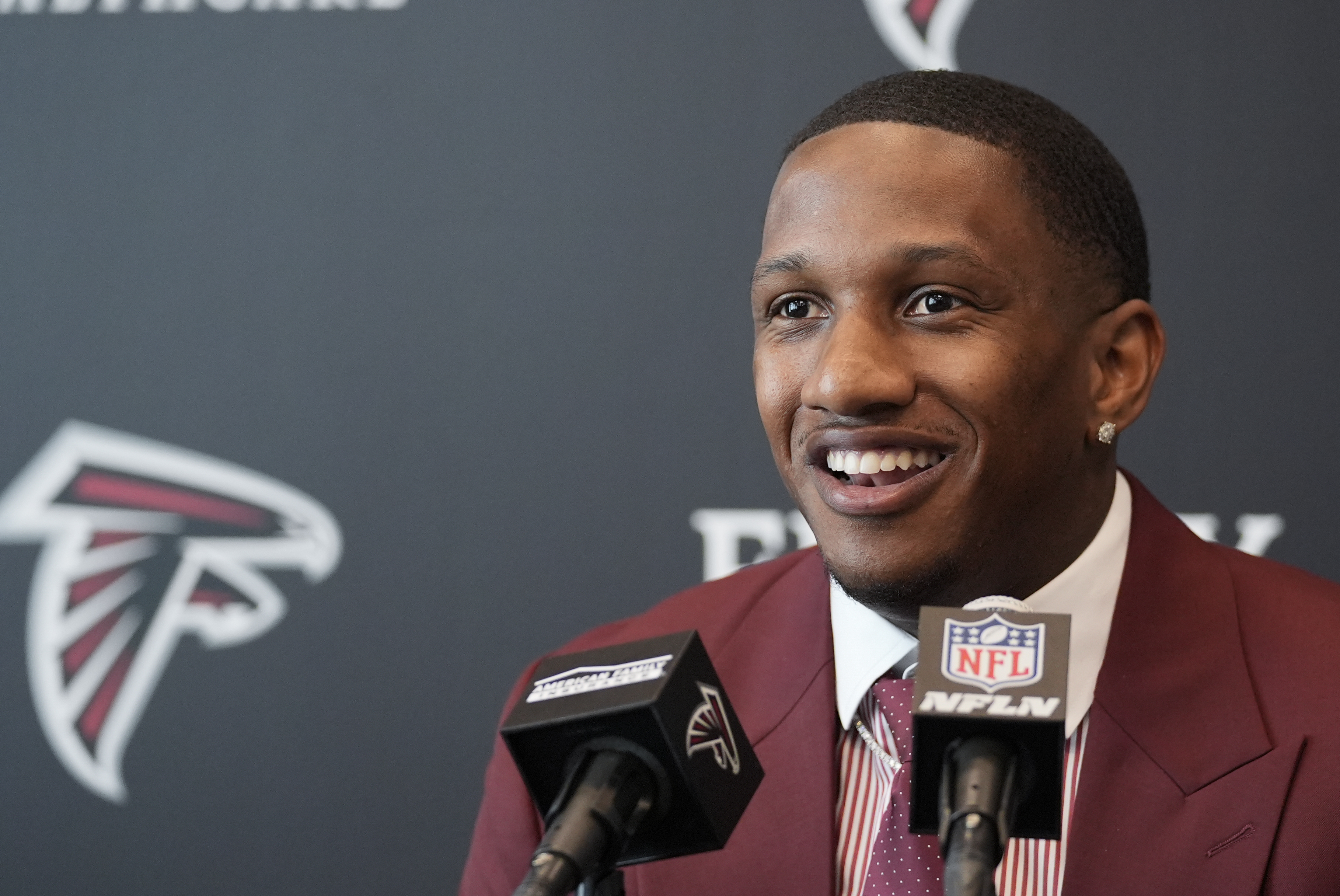 Atlanta Falcons first round draft choice quarterback Michael Penix Jr., speaks during a news conference Friday, April 26, 2024, in Flowery Branch, Ga.