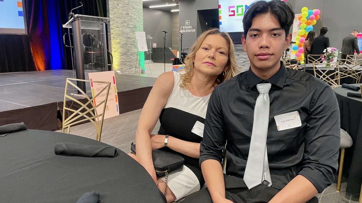 Somos Foundation scholarship recipient Alek Ramirez, right, with his mother, Esther Cabrera, at a gala Thursday in Salt Lake City to honor the 20 foundation scholarship recipients.