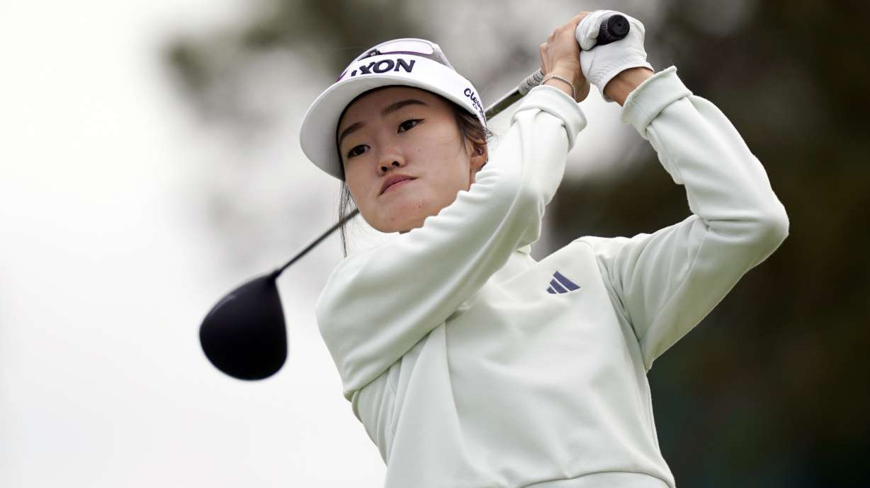 Grace Kim hits from the 16th tee during the first round of the LPGA LA Championship golf tournament at Wilshire Country Club, Thursday, April 25, 2024, in Los Angeles.