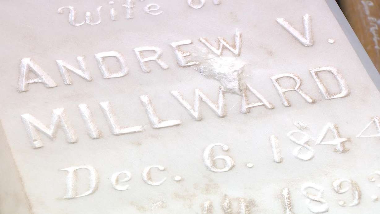 The old tombstone that was damaged with “ANDREW V. MILLWARD Dec. 6. 1844 Jan. 19. 1893” inscribed on it.