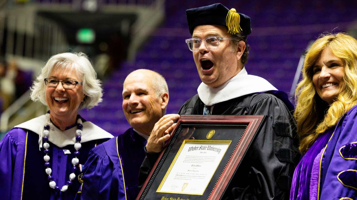 Weber State University honored actor Rainn Wilson with an honorary doctoral degree at a commencement program at the Dee Events Center in Ogden on Friday.