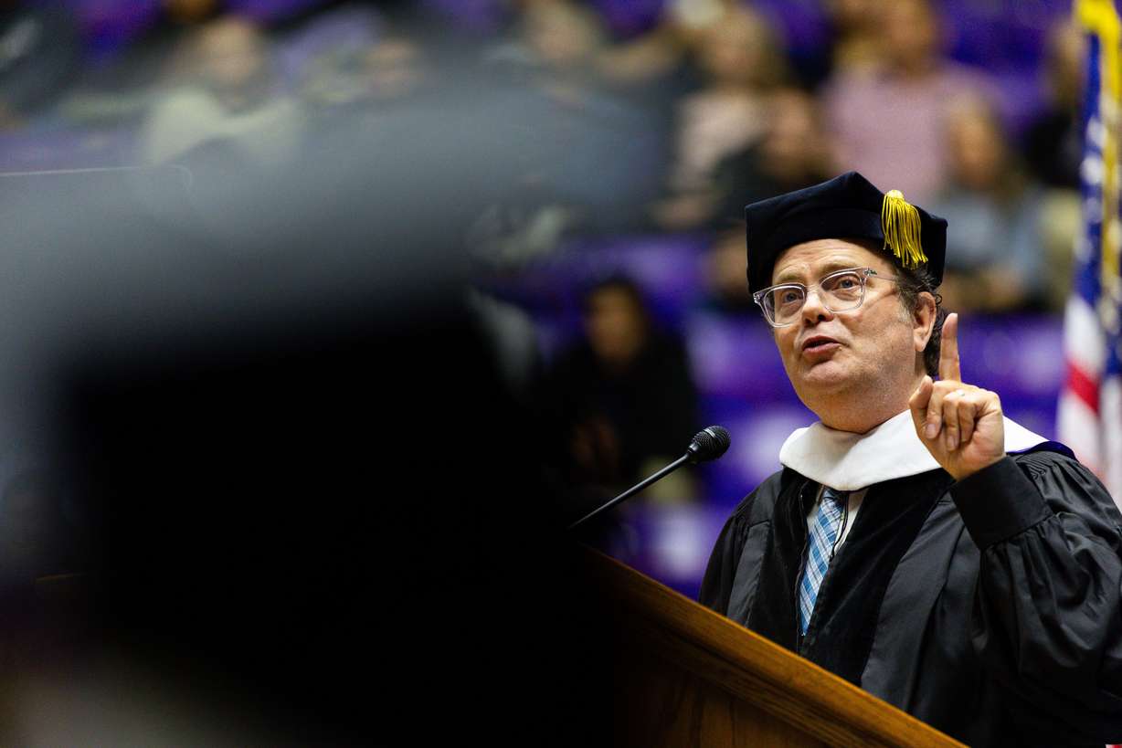 Actor Rainn Wilson speaks at Weber State University’s commencement program at the Dee Events Center in Ogden on Friday.