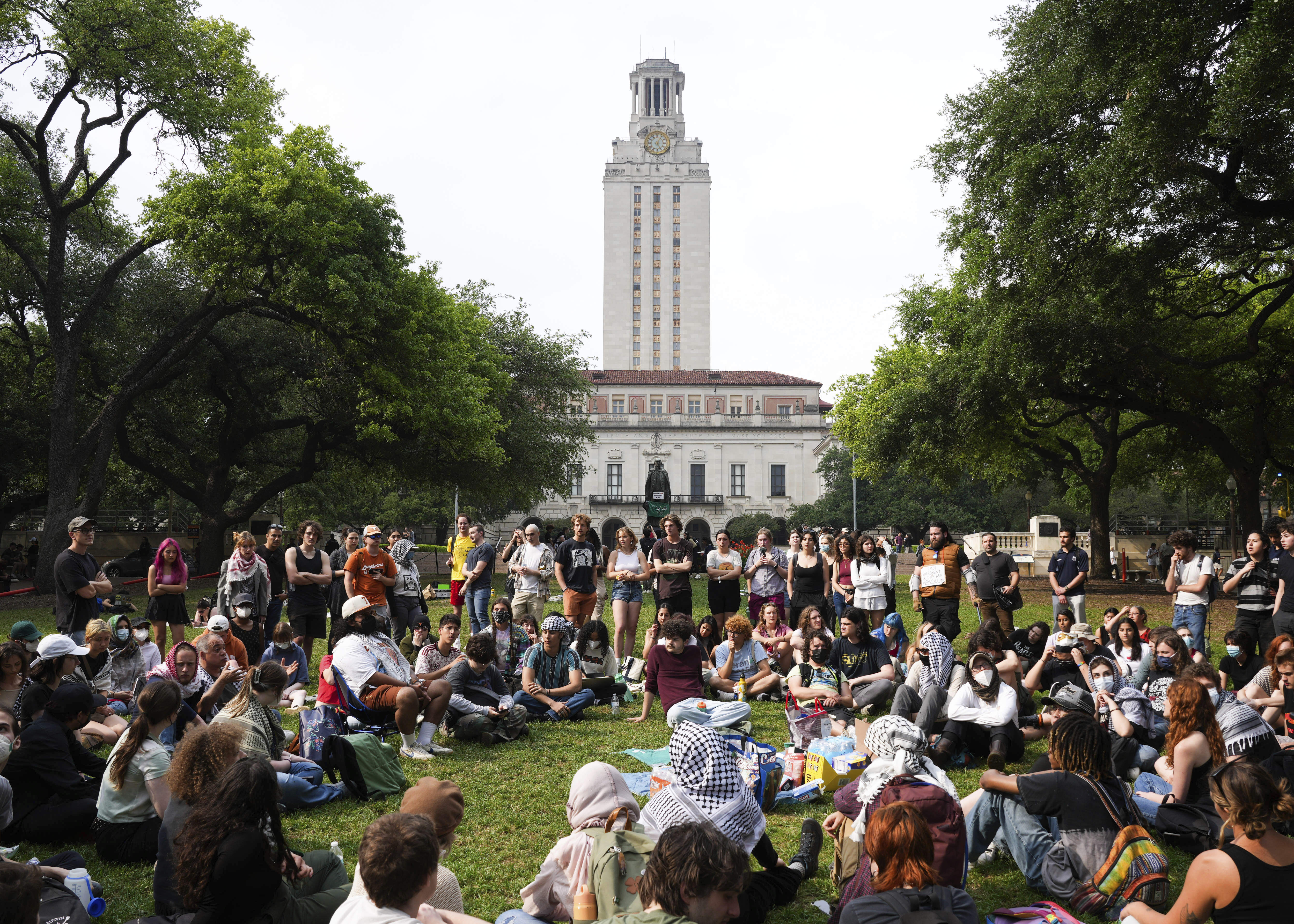 Demonstrators gather on the campus of the University of Texas at Austin, Thursday, to protest the war in Gaza.