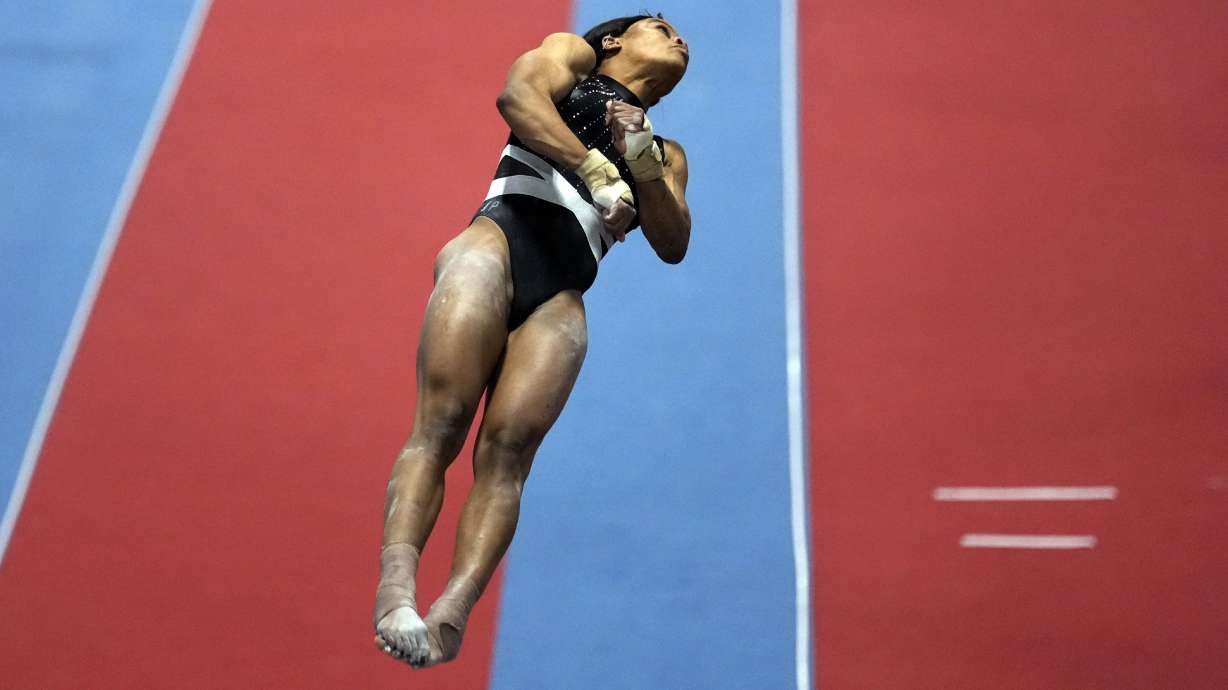 Gabby Douglas competes on the vault at the American Classic Saturday, April 27, 2024, in Katy, Texas.