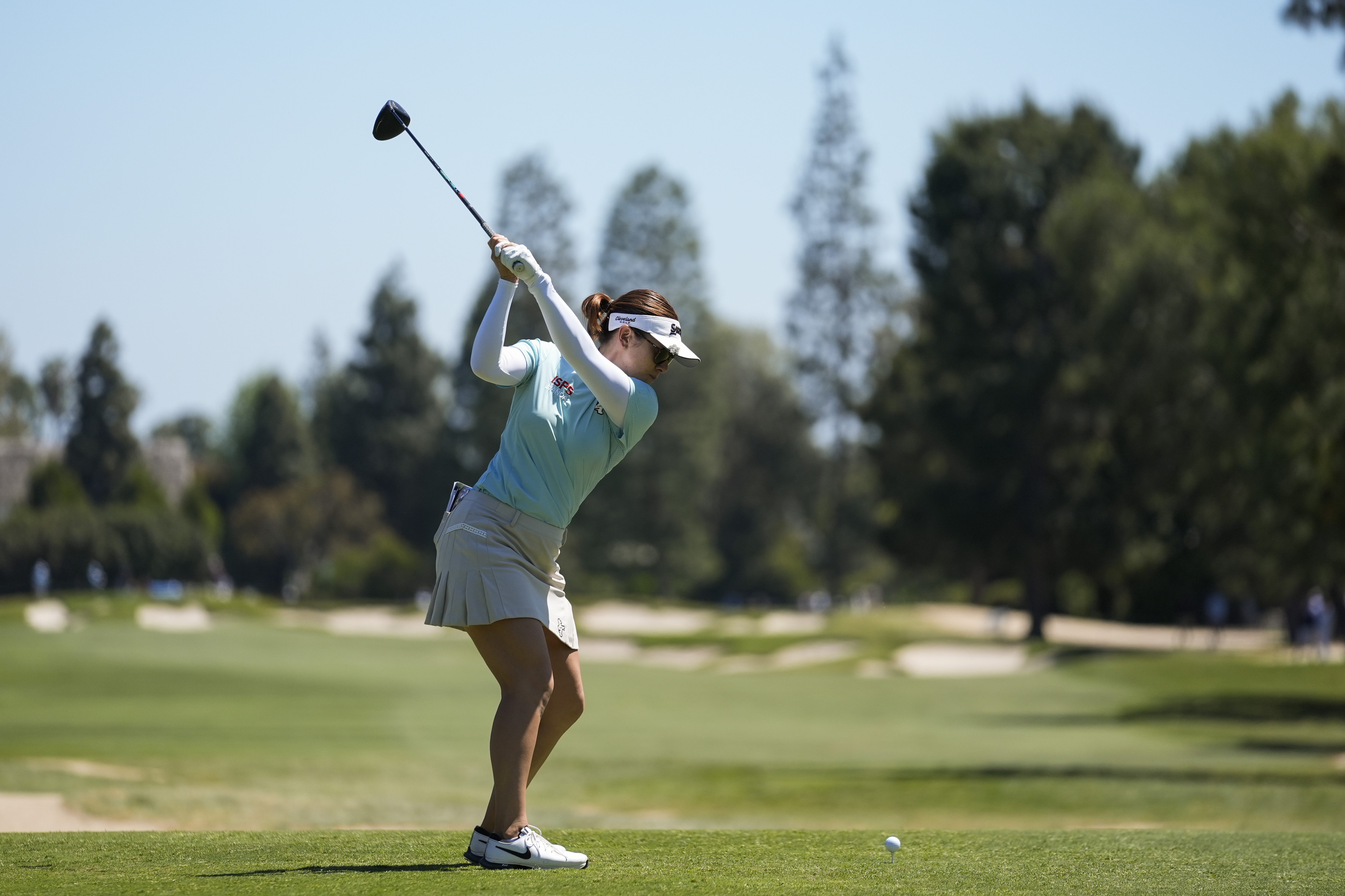 Hannah Green hits from the second tee during the third round of the LPGA's JM Eagle LA Championship golf tournament at Wilshire Country Club, Saturday, April 27, 2024, in Los Angeles.