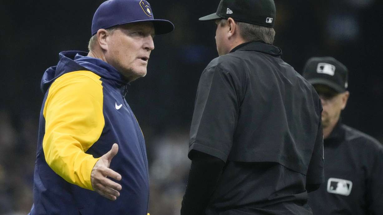 Milwaukee Brewers manager Pat Murphy argues a call during the sixth inning of a baseball game against the New York Yankees Sunday, April 28, 2024, in Milwaukee.