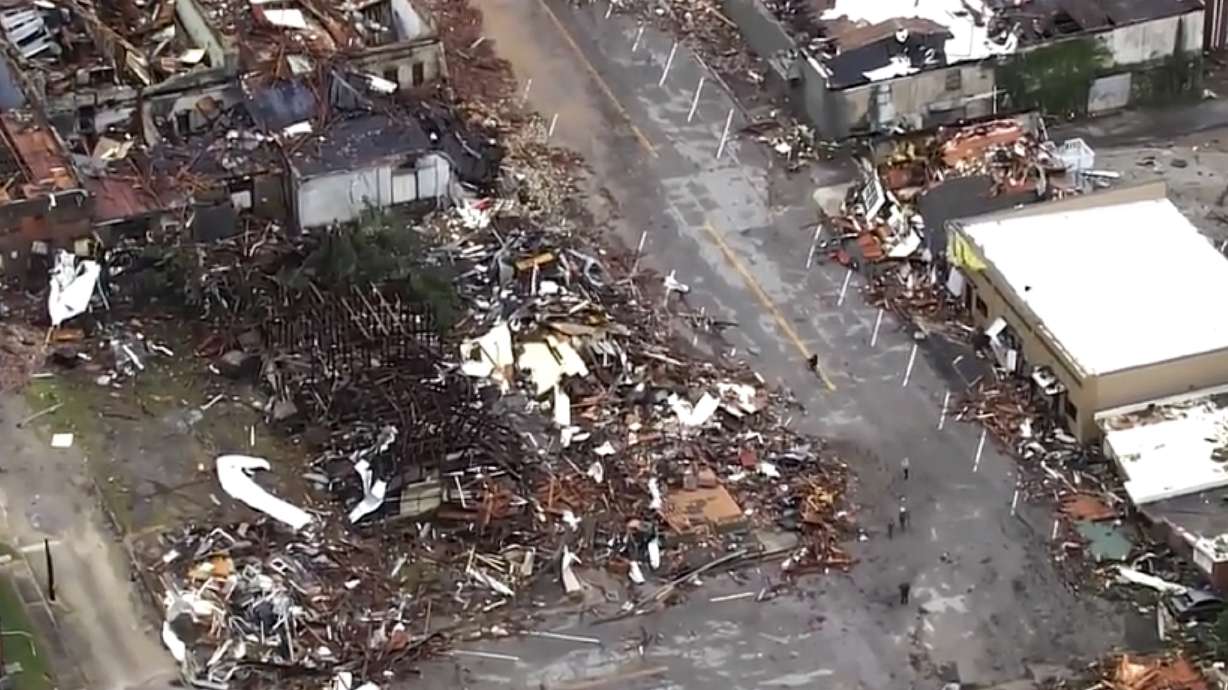 This image taken from video provided by KOCO shows damage caused by a tornado in Sulphur, Okla., Sunday.