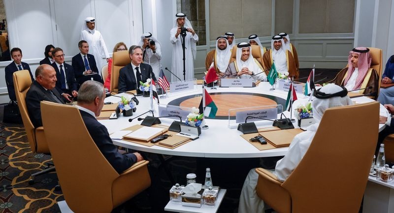 U.S. Secretary of State Antony Blinken attends the U.S.-Arab Quint Meeting with representatives from Egypt, Jordan, Saudi Arabia, Qatar, the United Arab Emirates and the Palestinian Authority in Riyadh, Saudi Arabia, Monday.