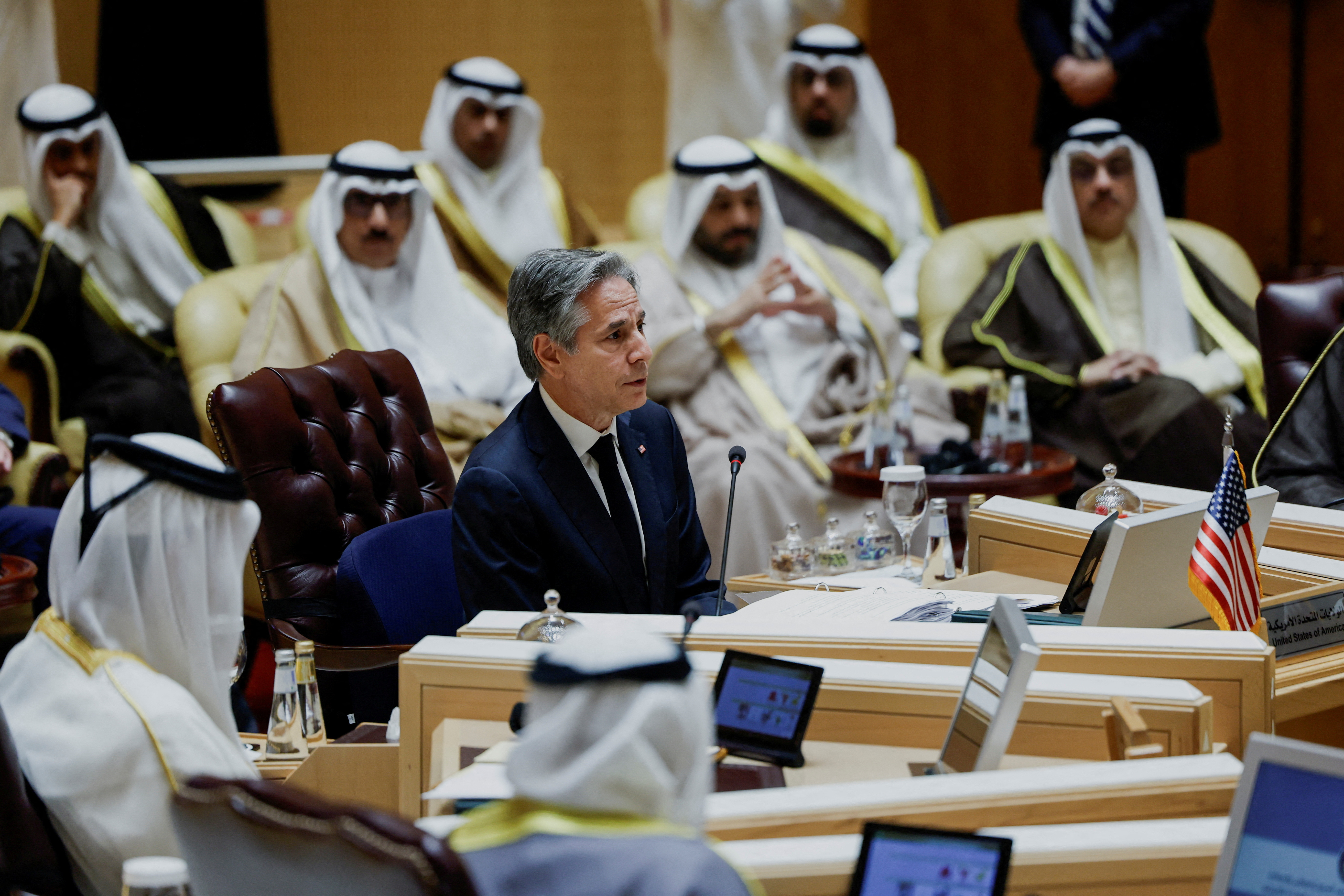 U.S. Secretary of State Antony Blinken attends a Joint Ministerial Meeting to discuss the humanitarian crises faced in Gaza, in Riyadh, Saudi Arabia, Monday.