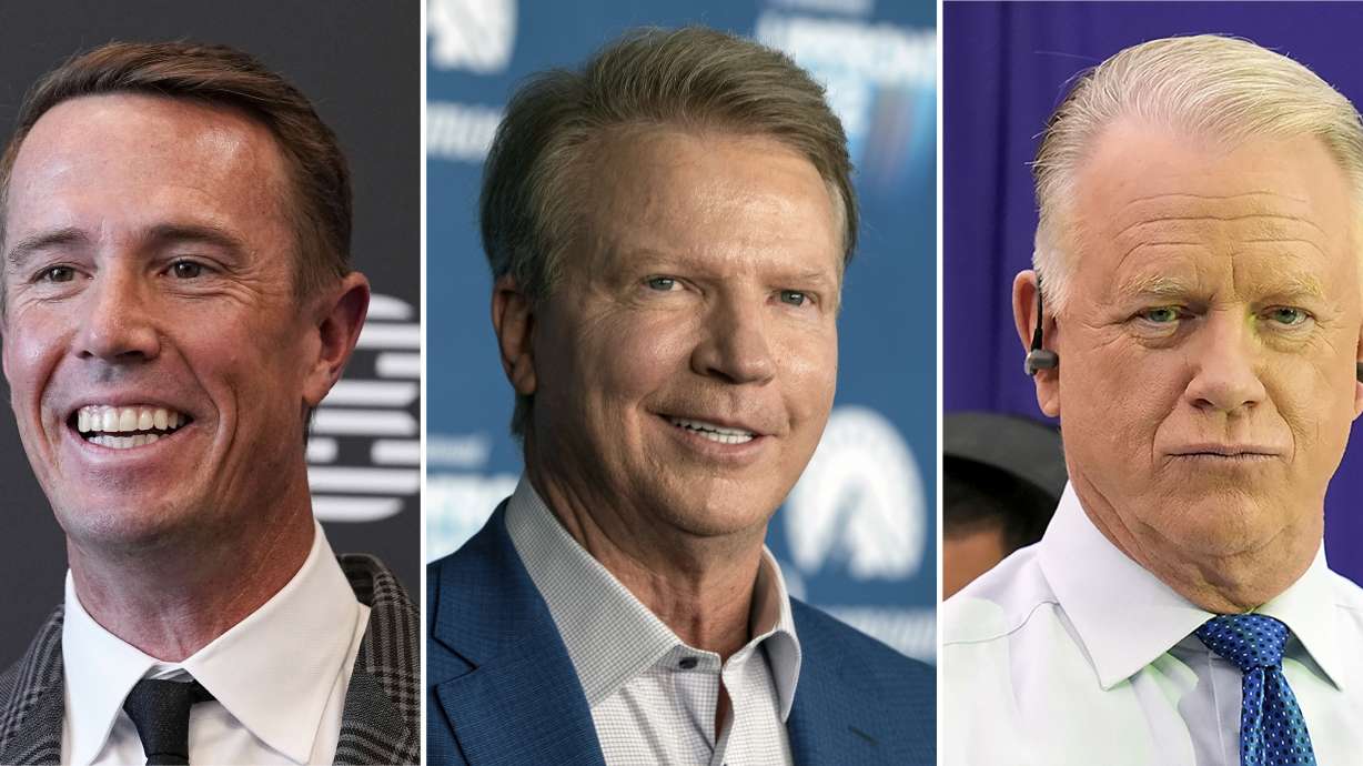 FILE - At left, former Atlanta Falcons' quarterback Matt Ryan announces his retirement during a news conference in Flowery Branch, Ga. Monday, April 22, 2024. At center, Phil Simms attends the Paramount 2022 Upfront party in New York, May 18, 2022. At right Boomer Esiason before the NFL Super Bowl 58 football game in Las Vegas Sunday, Feb. 11, 2024. Matt Ryan, who retired last week after 15 years in the NFL, will join CBS Sports as a studio analyst on NFL Today and Phil Simms and Boomer Esiason will leave after long runs on the show, the network announced Monday, April 29, 2024.