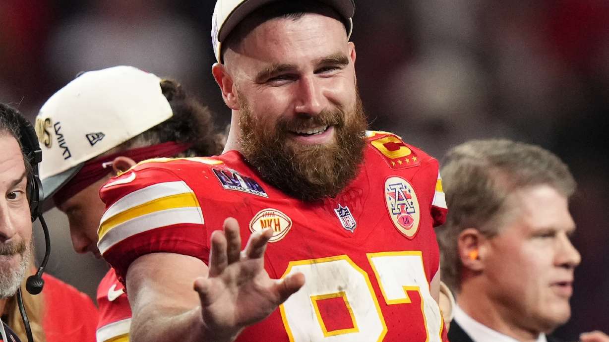 FILE - Kansas City Chiefs tight end Travis Kelce (87) waves after the NFL Super Bowl 58 football game against the San Francisco 49ers Sunday, Feb. 11, 2024, in Las Vegas. Kelce will bring his highly successful music festival called Kelce Jam back to Kansas City. The second annual one-day event held on May 18 will be hosted by the superstar tight end of the Chiefs and headlined by Lil Wayne, 2 Chainz, Diplo and local legend Tech N9ne.