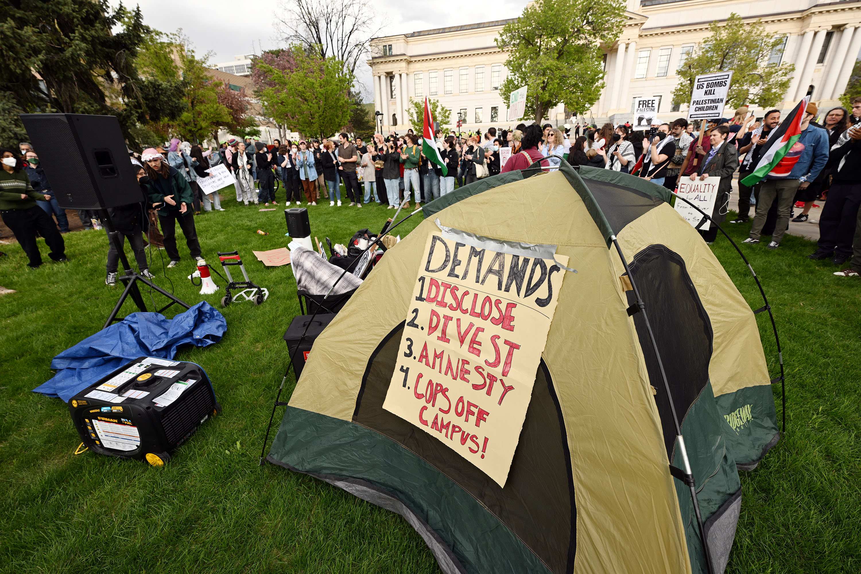 Demonstrators gather at the University of Utah to show support for Palestine in Salt Lake City on Monday.