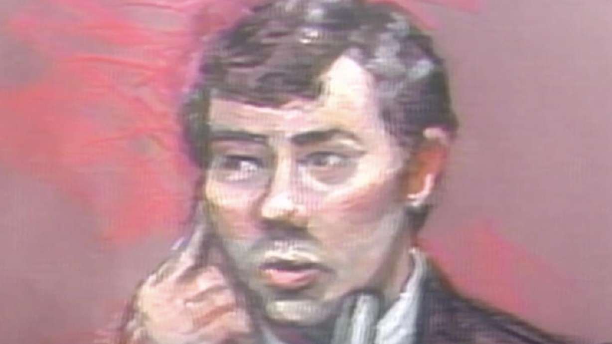 A courtroom sketch of Michael Patrick Moore during his 1982 murder trial in Salt Lake City.