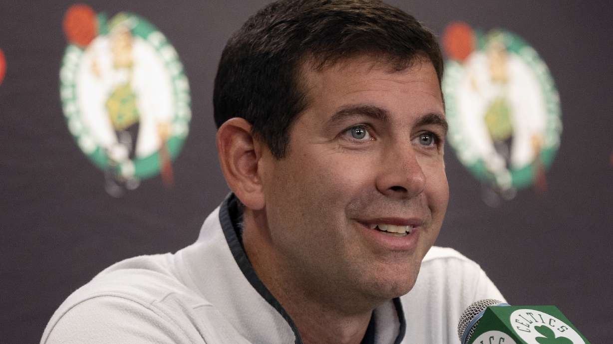 FILE - Boston Celtics president of basketball operations Brad Stevens speaks at a news conference during the NBA basketball team's media day, Monday, Oct. 2, 2023, in Boston. Brad Stevens was announced Tuesday, April 30, 2024, as the NBA's executive of the year. It's the first such award for Stevens, who is in his third season as president of basketball operations for the Boston Celtics after serving as their coach for eight seasons.