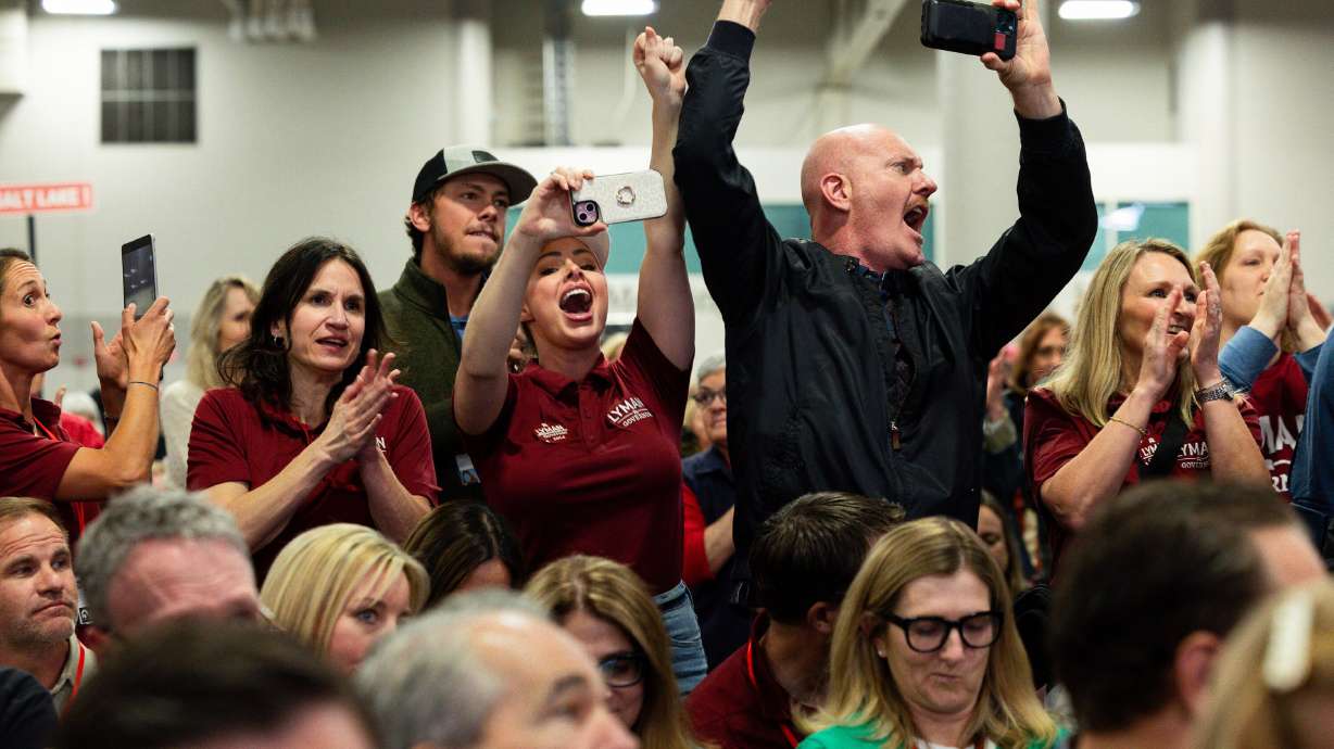 Audience members cheer for Phil Lyman, candidate for governor, at the Utah Republican Party state nominating convention at the Salt Palace Convention Center in Salt Lake City on Saturday.