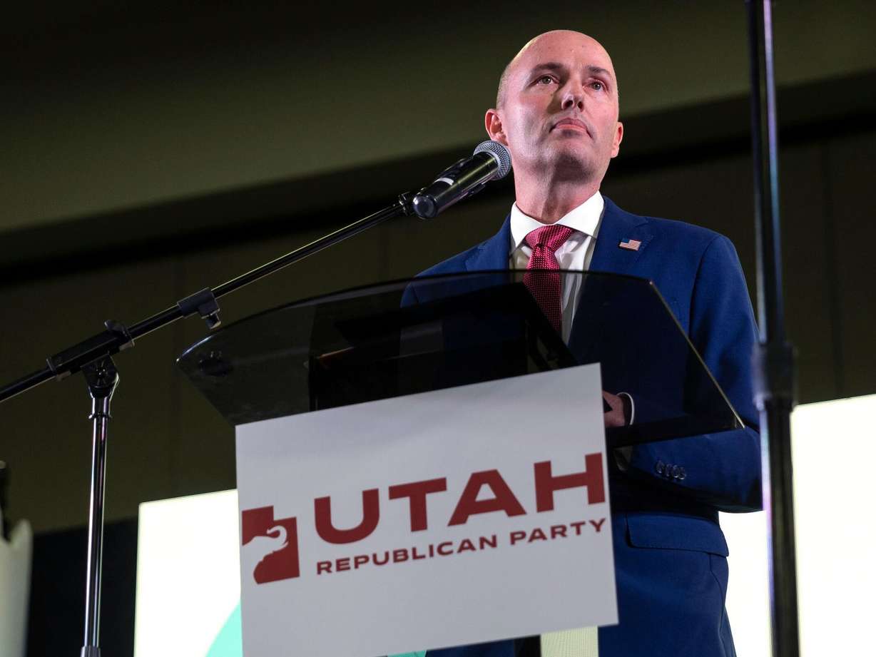 Utah Gov. Spencer J. Cox, candidate for governor, speaks during the Utah Republican Party state nominating convention at the Salt Palace Convention Center in Salt Lake City on Saturday.